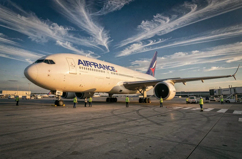 Avion long-courrier sur le tarmac d'un aéroport international prêt pour un vol direct Paris Bangkok