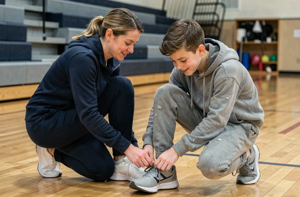 Bénévole aidant un jeune adolescent à lacer ses chaussures de sport dans un gymnase communautaire