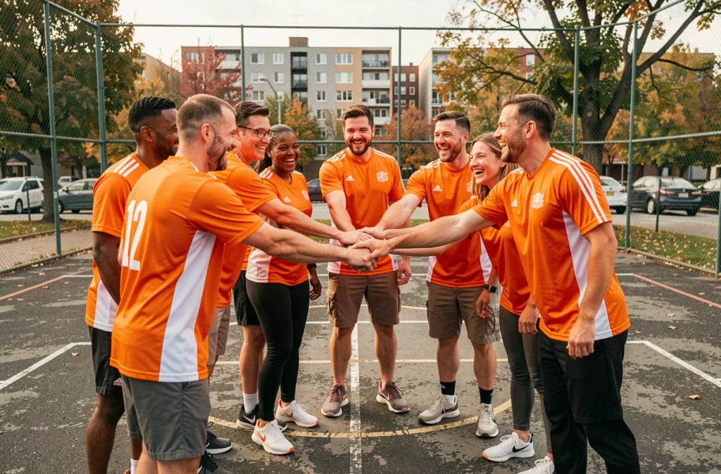 Groupe de bénévoles en maillots de sport formant un cercle de solidarité sur un terrain de basket urbain
