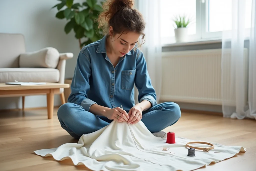 Jeune femme cousant une boutonnière à la main sur tissu coton ivoire entourée d'accessoires de couture sur parquet
