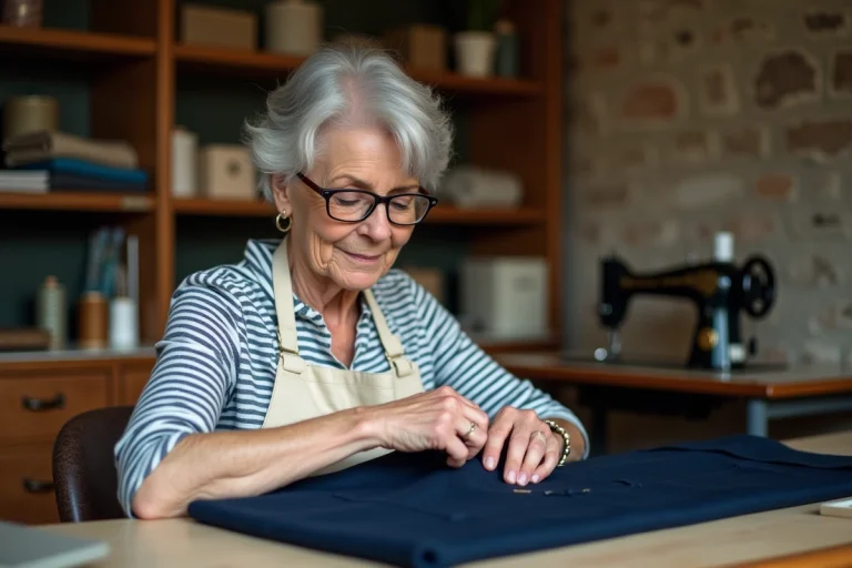Femme réalisant une boutonnière parfaite sur tissu laine bleu marine dans un atelier de couture maison