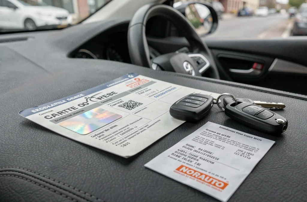 Carte grise française, clés de voiture et reçu Norauto posés sur le tableau de bord pour un changement d'adresse