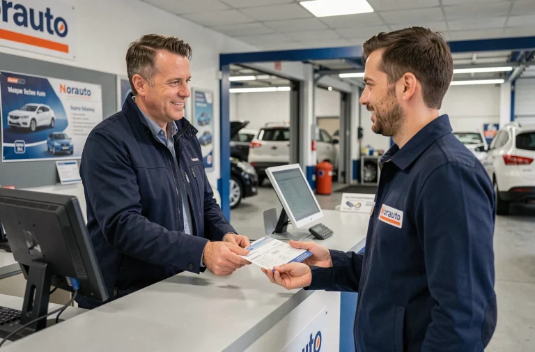 Un homme remet sa carte grise à un conseiller Norauto au comptoir d'accueil pour un changement d'adresse