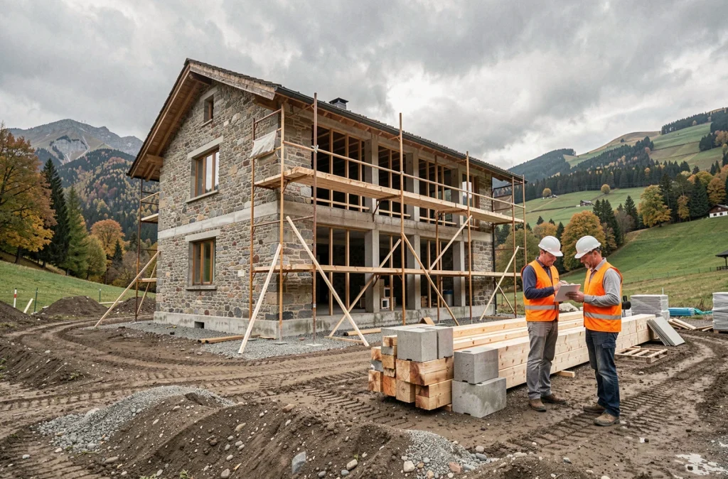 Chantier de construction d'une maison en Suisse romande avec ouvriers et échafaudages en phase de gros œuvre