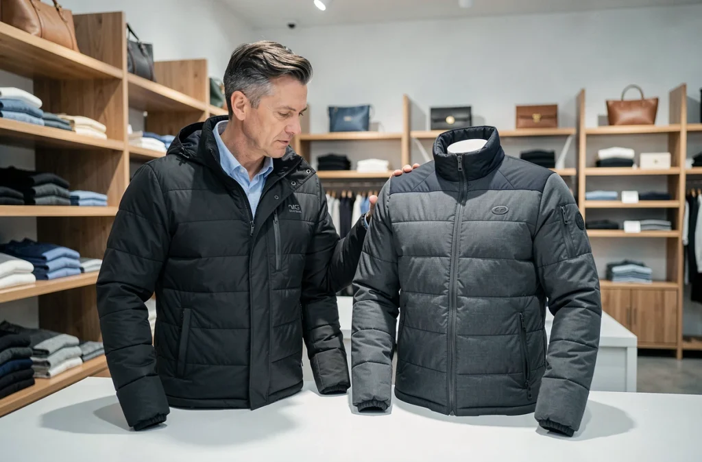 Comparaison côte à côte d'une vraie et d'une fausse doudoune Pyrenex sur un comptoir de boutique
