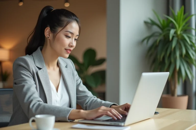 Femme connectée à son espace personnel Arkevia sur un ordinateur portable dans un bureau moderne