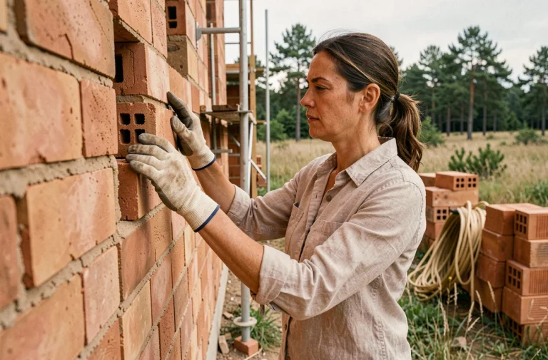 Femme posant des briques en adobe sur le mur d'une maison écologique en construction entourée de nature