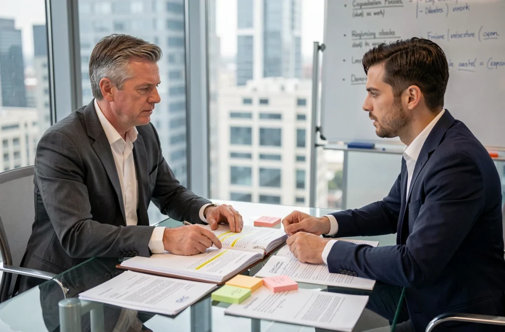 Consultant juridique et promoteur immobilier examinant un dossier réglementaire sur la redevance d'archéologie préventive dans une salle de réunion professionnelle