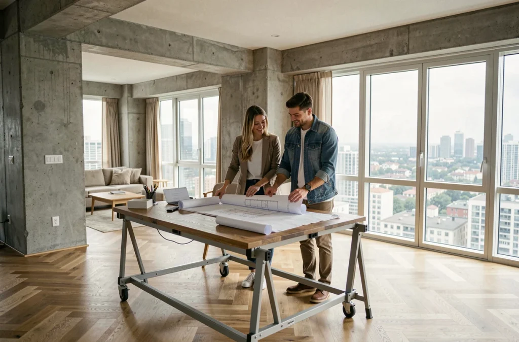 Jeune couple consultant des plans architecturaux dans un appartement rénové avec vue sur la ville