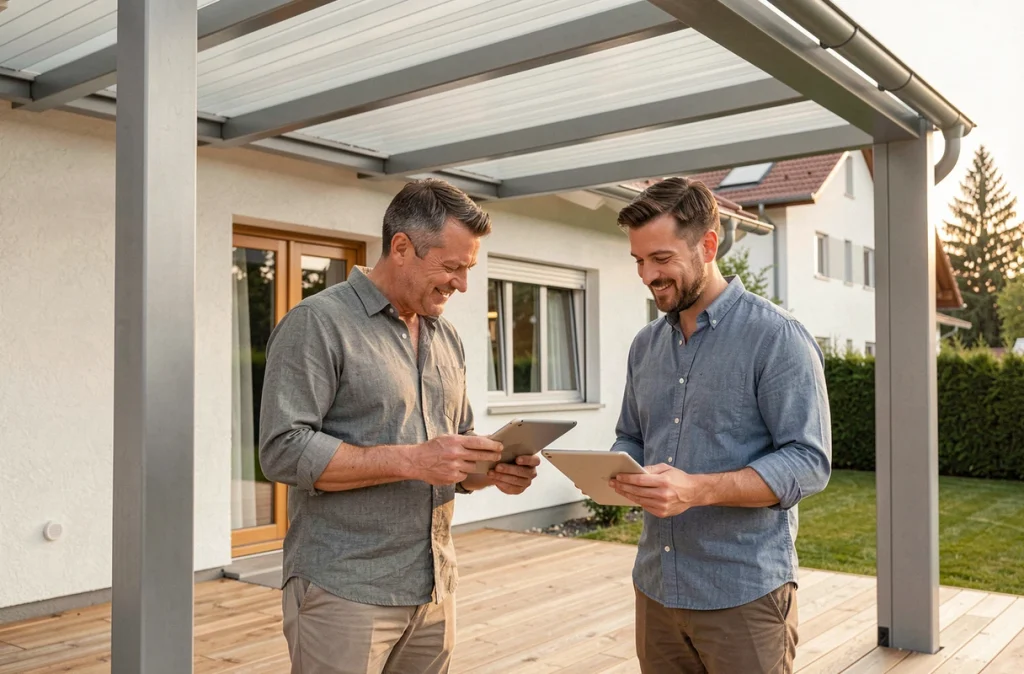 Couple suisse examinant les plans et le devis d'une pergola bioclimatique sur leur terrasse extérieure moderne