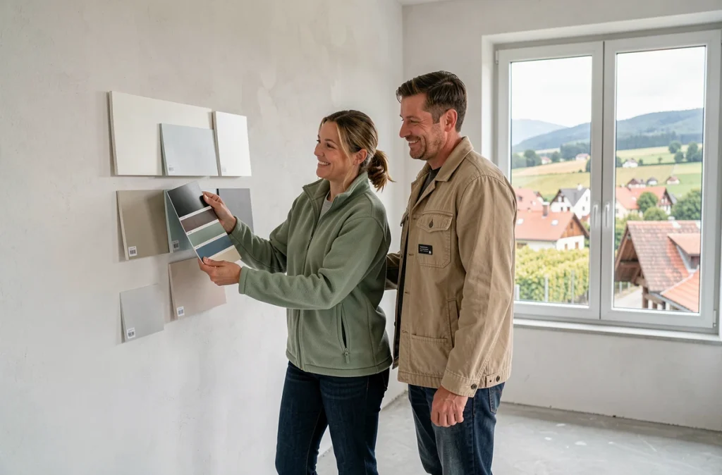 Couple inspectant les finitions intérieures de leur nouvelle maison construite en Suisse romande avec vue sur les vignobles