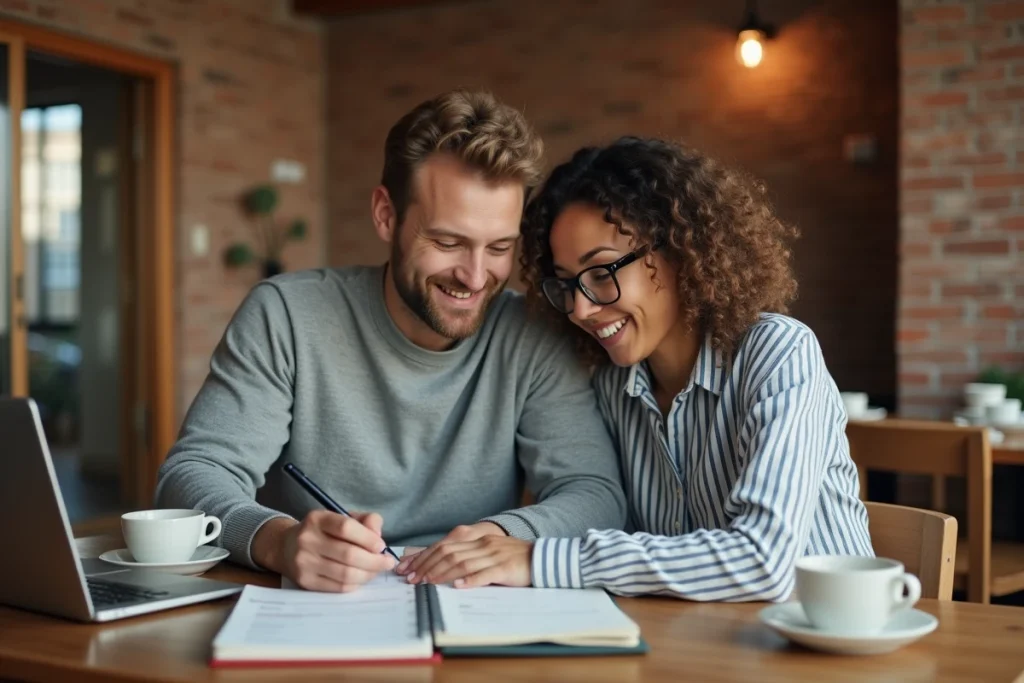 Couple planifiant leur budget et leurs objectifs financiers ensemble autour d'une table dans un appartement