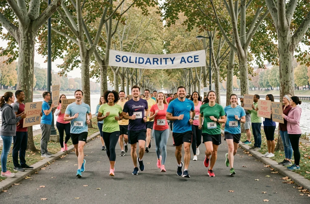 Participants d'une course solidaire associative courant ensemble sur un chemin au bord d'une rivière en automne