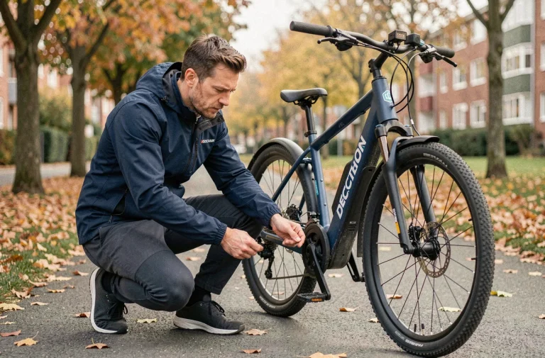 Cycliste inspectant le moteur du moyeu arrière de son vélo électrique Decathlon en panne sur une piste cyclable urbaine