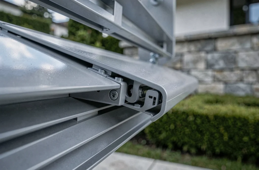 Détail en gros plan du mécanisme de lames orientables motorisées d'une pergola bioclimatique en aluminium