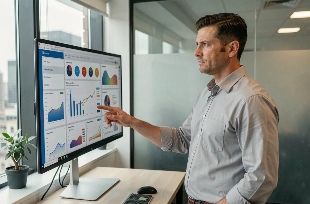 Entrepreneur consultant interagissant avec un tableau de bord analytique pour optimiser les performances de son entreprise