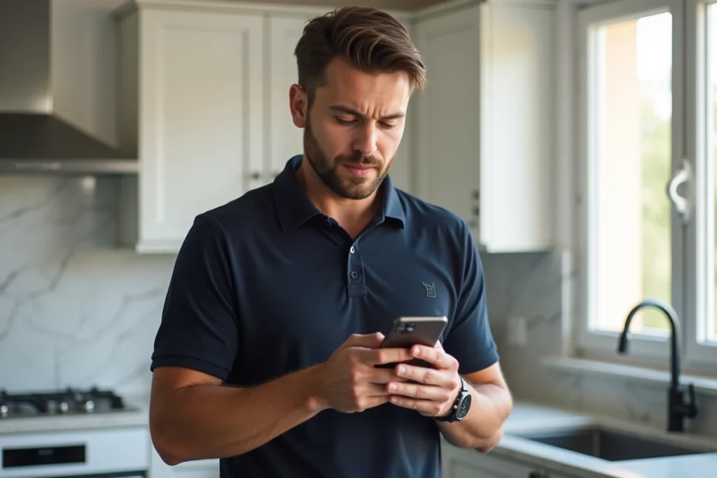 Homme utilisant une application mobile pour envoyer de l'argent via Western Union depuis sa cuisine
