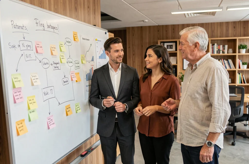 Équipe multiculturelle collaborant autour d'un tableau blanc pour développer des services business personnalisés
