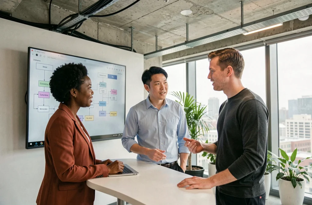 Équipe pluridisciplinaire d'experts en intelligence artificielle en discussion dans un hub technologique contemporain