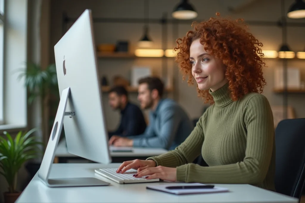 Jeune femme visualisant son espace Arkevia connecté sur un écran d'ordinateur dans un coworking