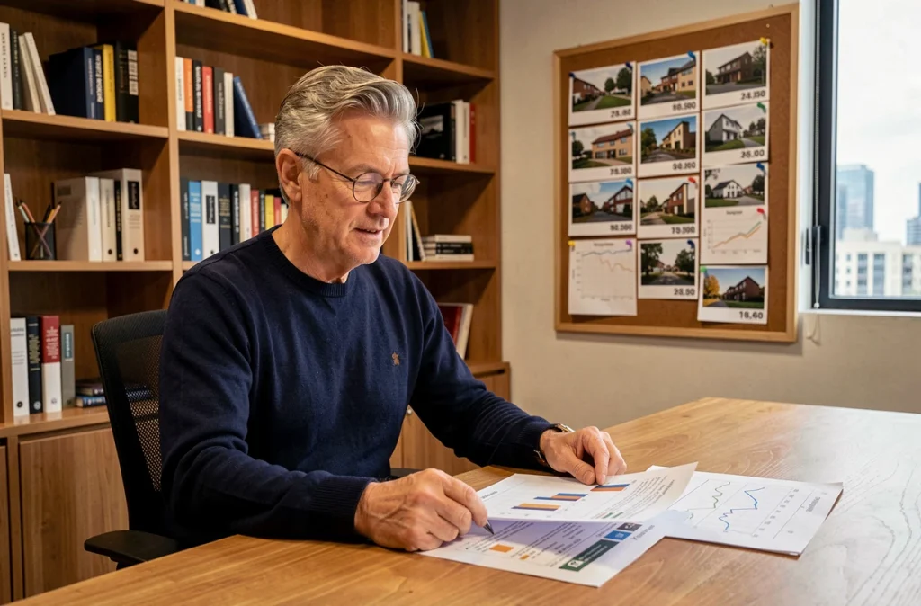 Expert immobilier senior analysant des rapports de tendances du marché immobilier dans un bureau contemporain