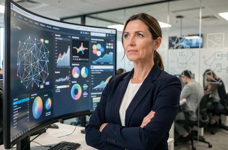 Experte en intelligence artificielle devant des visualisations de réseaux de neurones dans un bureau technologique moderne