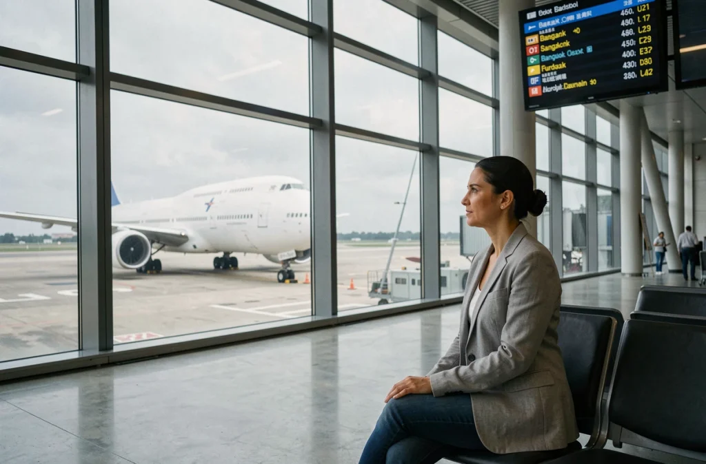 Femme assise dans un terminal d'aéroport international consultant le tableau des départs pour un vol Paris Bangkok