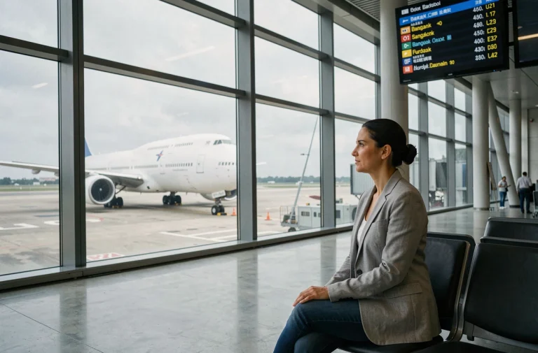 Femme assise dans un terminal d'aéroport international consultant le tableau des départs pour un vol Paris Bangkok
