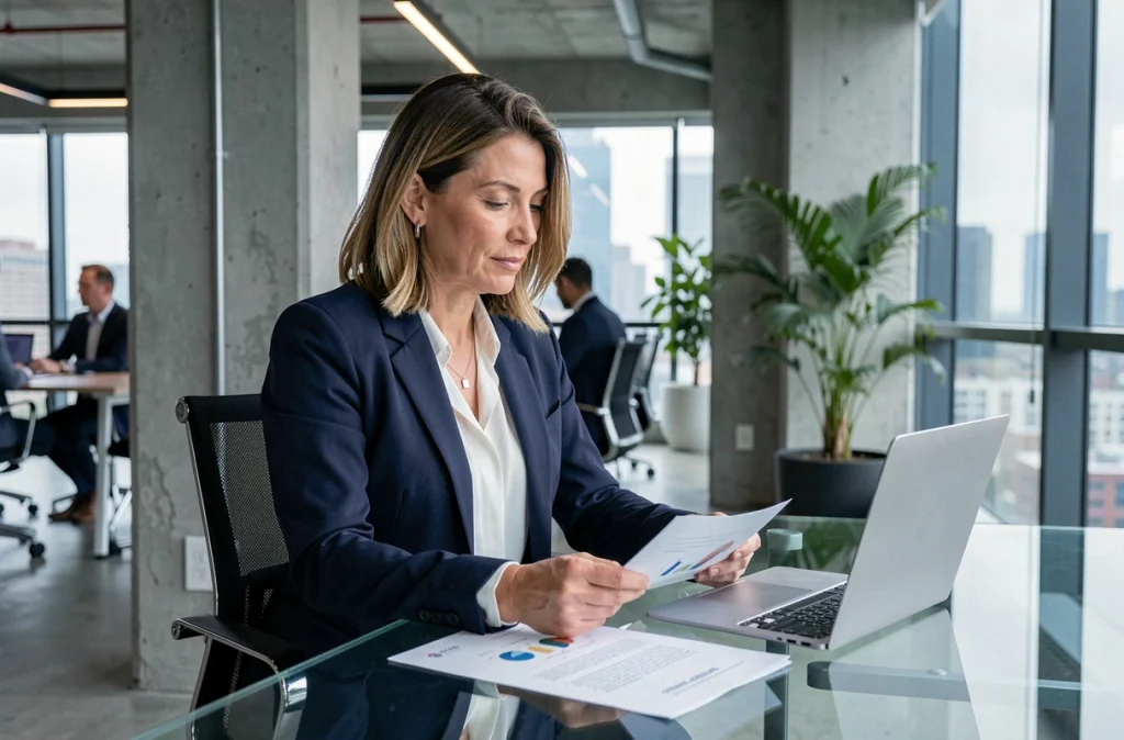 Femme d'affaires analysant une stratégie d'entreprise innovante dans un bureau moderne et ouvert