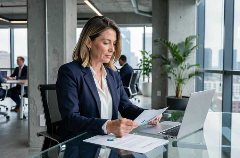 Femme d'affaires analysant une stratégie d'entreprise innovante dans un bureau moderne et ouvert