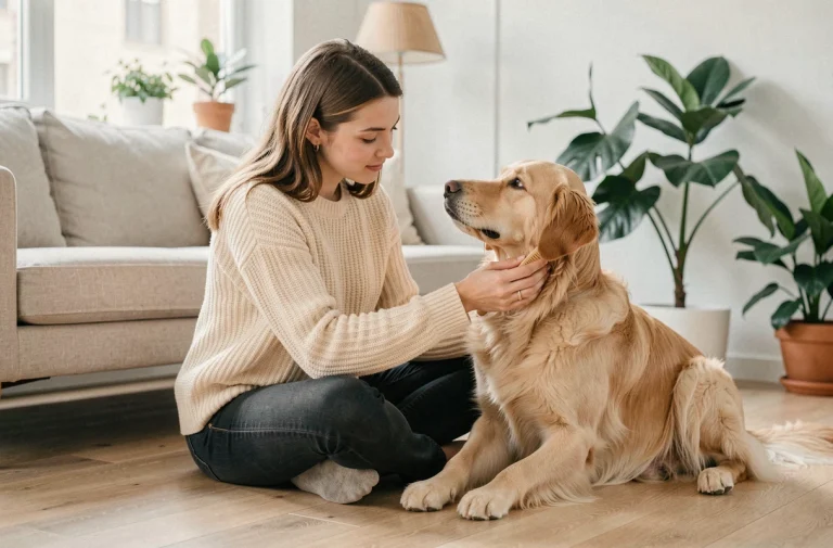 Jeune femme brossant son golden retriever dans un appartement moderne au style scandinave