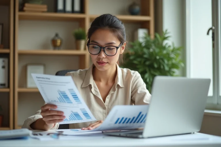 Femme consultant ses finances personnelles à son bureau à domicile avec des documents et un ordinateur portable