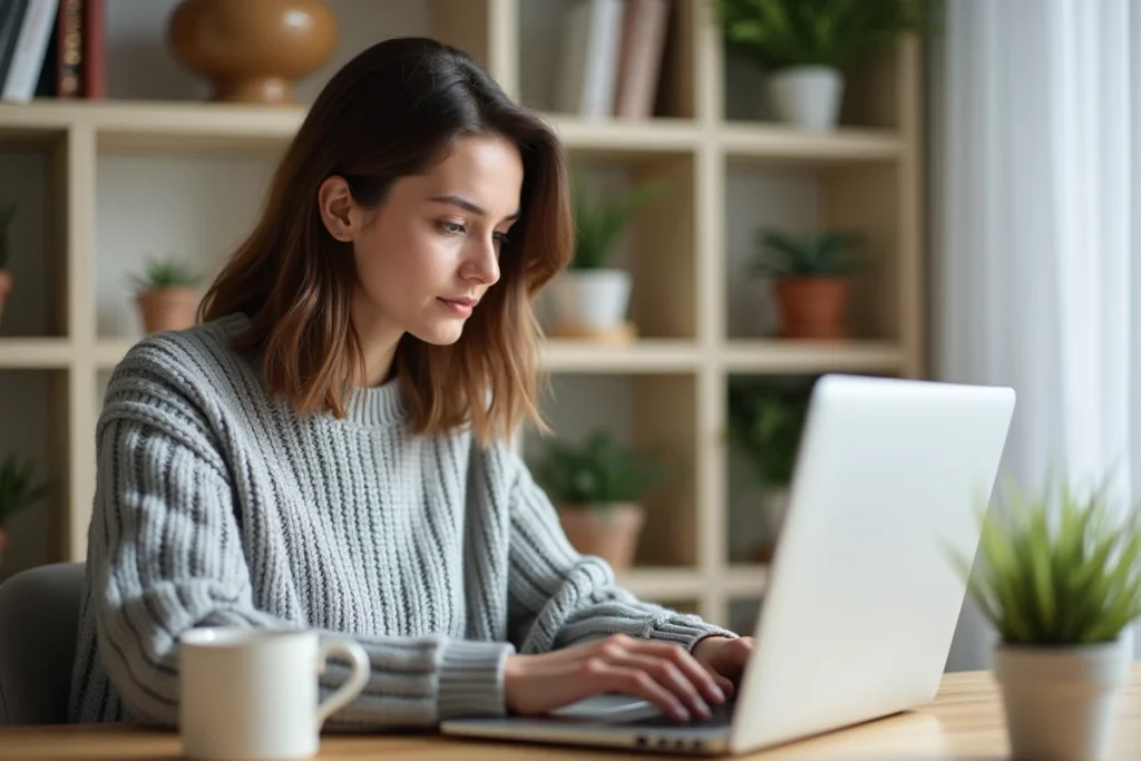 Femme gérant ses messages et annonces sur un site de petites annonces depuis son ordinateur portable à domicile