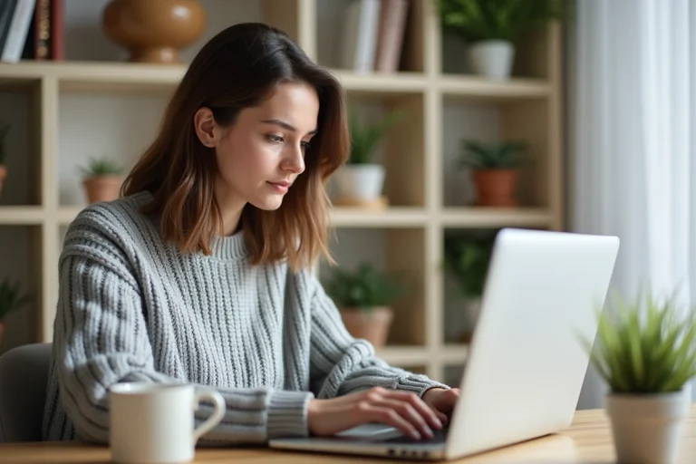 Femme gérant ses messages et annonces sur un site de petites annonces depuis son ordinateur portable à domicile