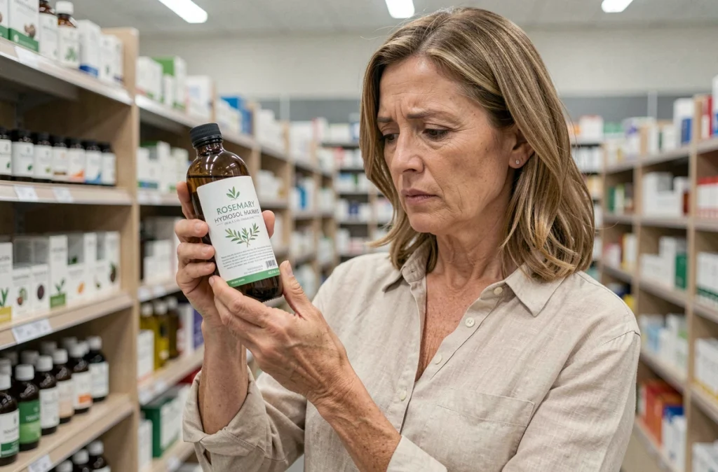 Femme lisant attentivement l'étiquette d'un flacon d'hydrolat de romarin en pharmacie pour vérifier les contre-indications
