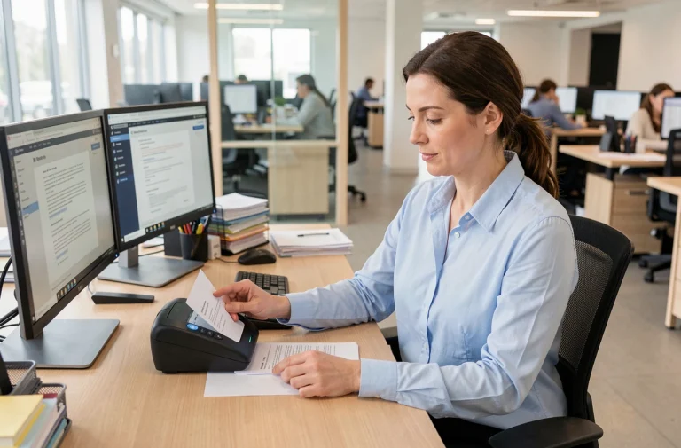Femme professionnelle numérisant des documents administratifs avec un scanner de bureau dans un open space moderne