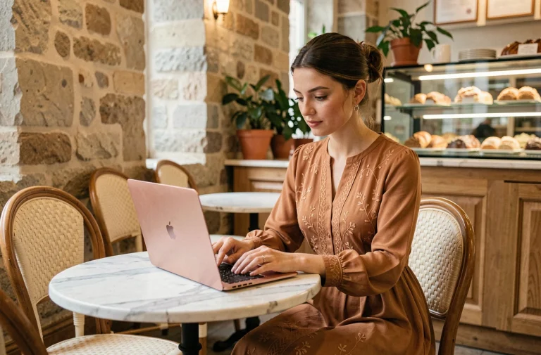 Femme élégante en robe caramel consultant les tendances Mademoiselle Caramel dans un café parisien