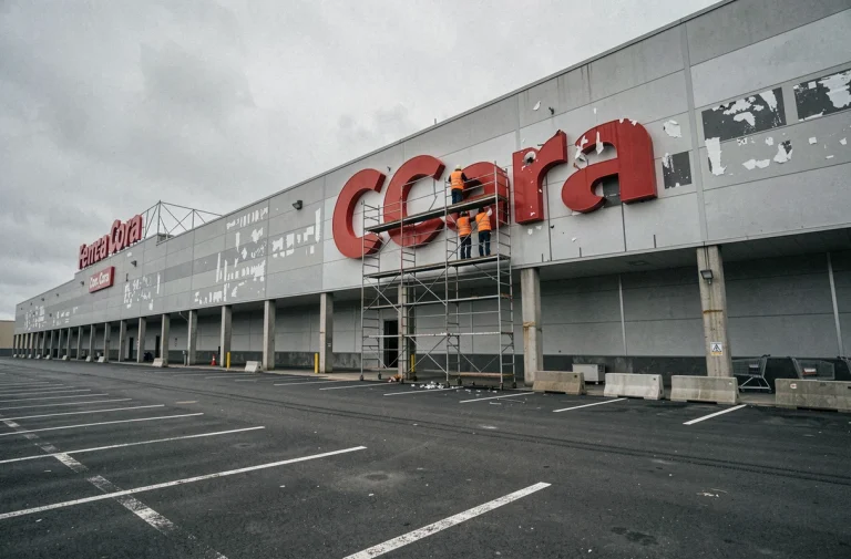 Façade d'un hypermarché Cora en cours de démontage avec des ouvriers retirant l'enseigne, parking vide en premier plan