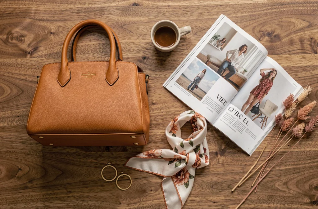 Flat-lay d'accessoires de mode tendance aux teintes caramel inspirés de l'univers Mademoiselle Caramel