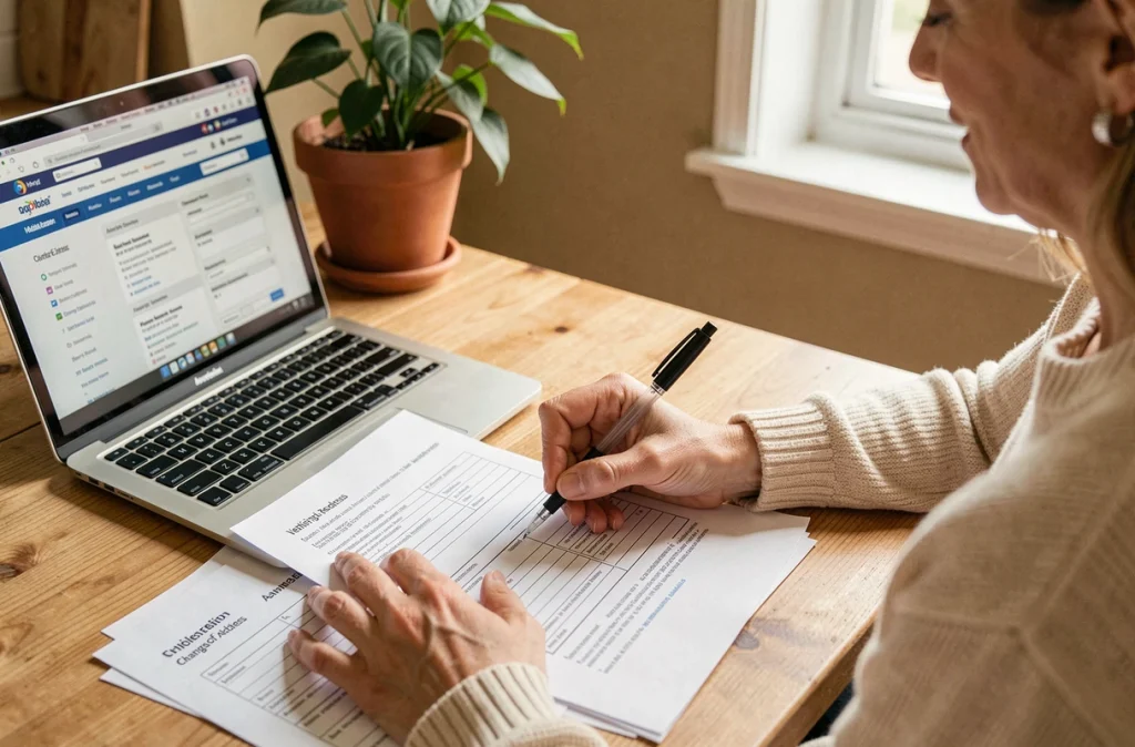 Une femme remplit un formulaire de changement d'adresse pour sa carte grise à domicile avec un ordinateur portable