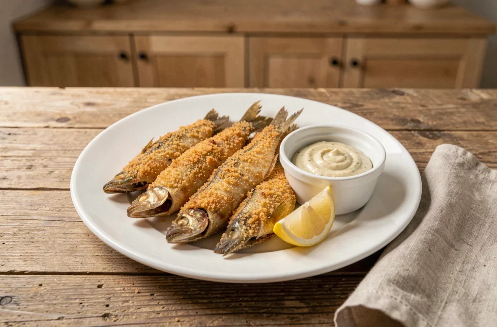 Assiette de friture d'éperlans croustillants dorés avec sauce tartare et citron sur une table en bois rustique