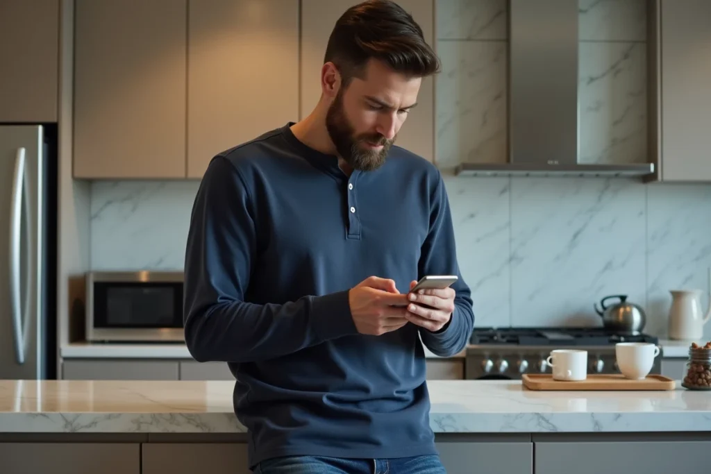 Homme consultant une application de finances personnelles sur smartphone dans une cuisine moderne