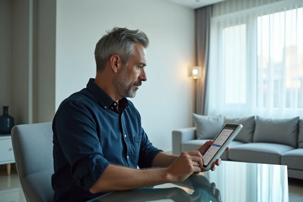 Homme consultant son espace membre sur une tablette pour gérer ses annonces et messages en ligne
