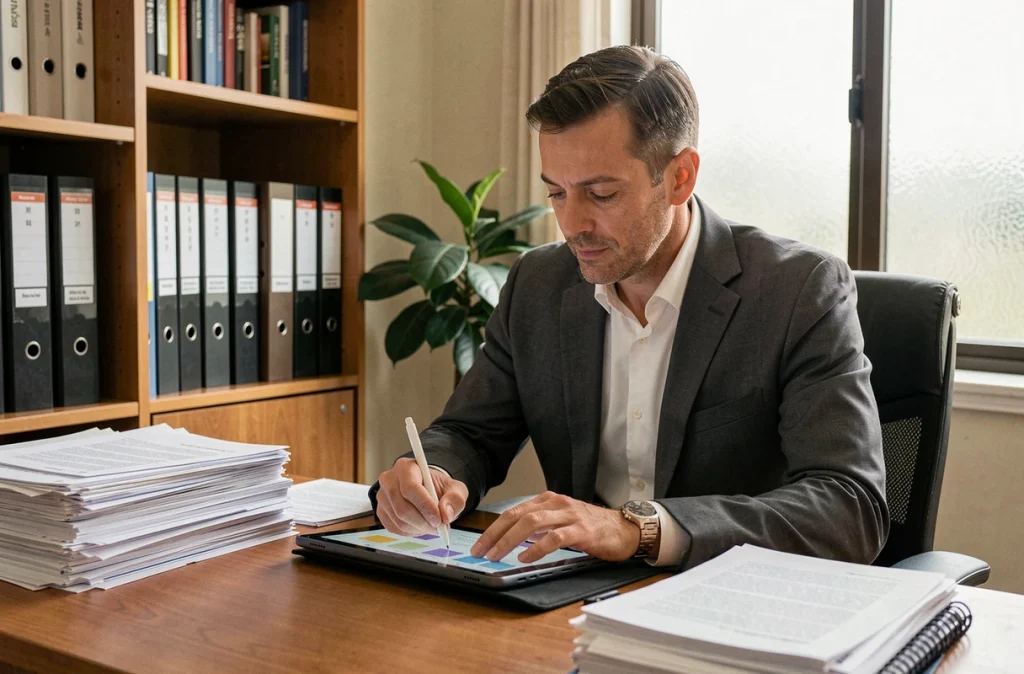Homme d'affaires gérant ses dossiers administratifs en passant du papier au numérique dans un bureau à domicile