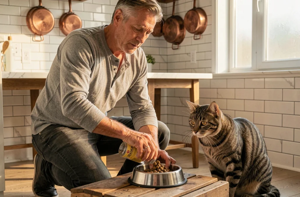 Homme nourrissant un chat tabby dans une cuisine moderne avec gamelle en acier inoxydable