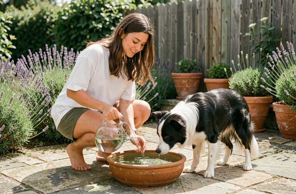 Jeune femme qui remplit le bol d'eau de son border collie dans un jardin ensoleillé, hydratation et bien-être animal au quotidien
