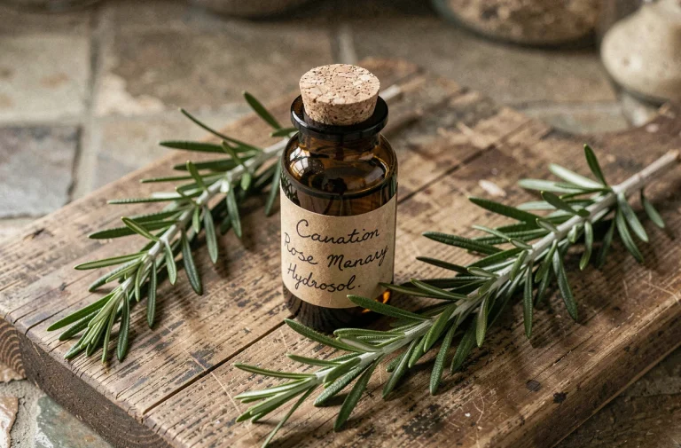 Flacon en verre ambré d'hydrolat de romarin posé sur une surface en bois avec des brins de romarin frais et une étiquette de mise en garde