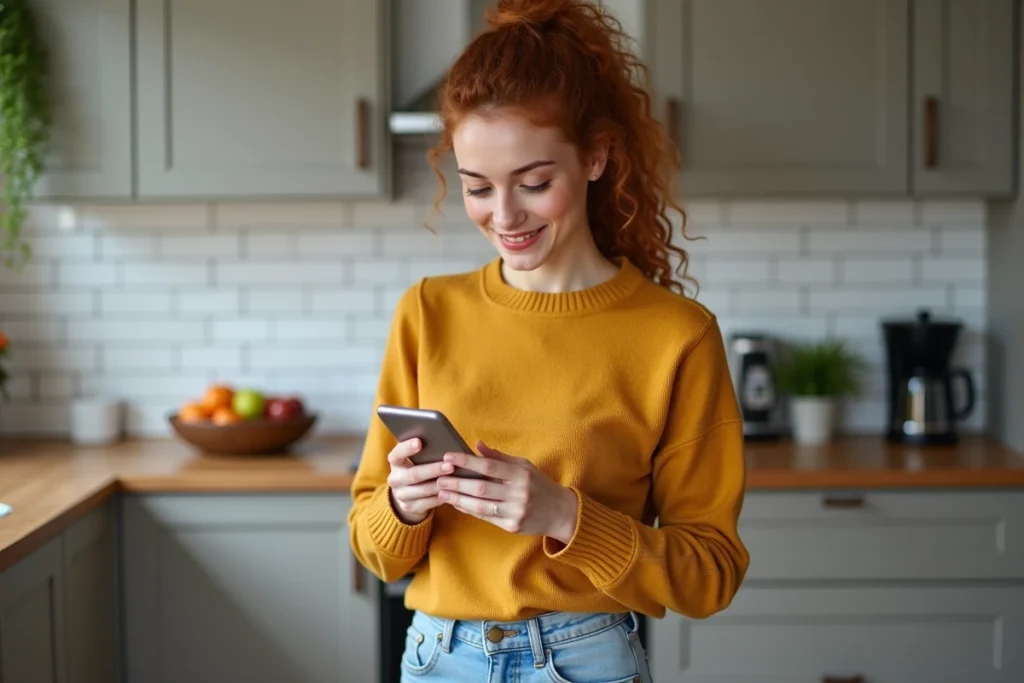 Jeune femme répondant à des messages sur son espace membre Wannonce depuis un smartphone dans sa cuisine