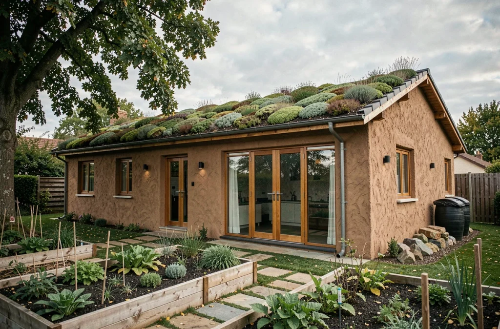 Maison écologique complète avec toit végétalisé en sedum, murs en pisé et jardin potager en automne