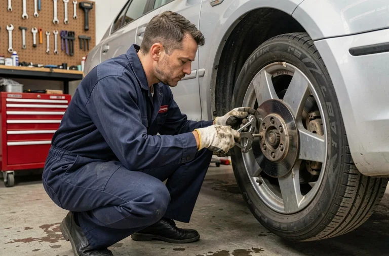 Mécanicien amateur inspectant le disque de frein d'une voiture surélevée dans un garage domestique bien organisé